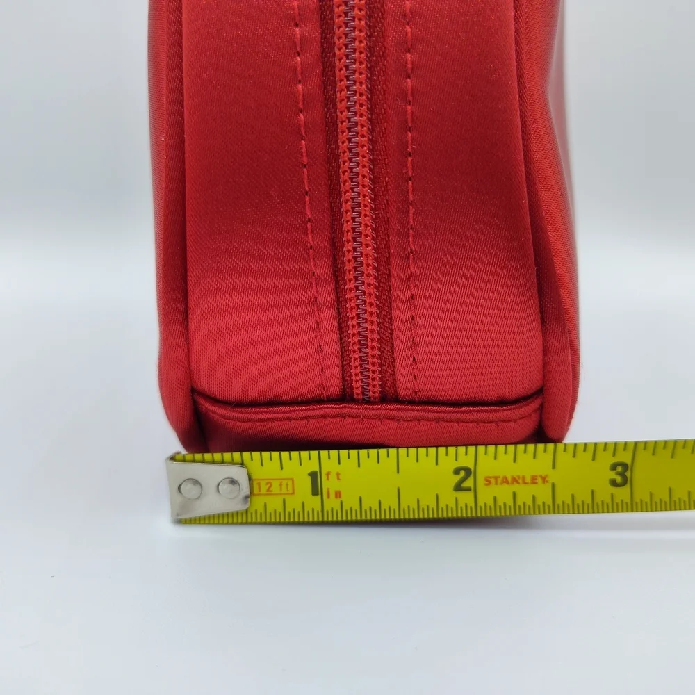 Early 1990s Vintage DIOR Parfum Red Satin Vanity Gold Plaque Vanity Makeup Bag